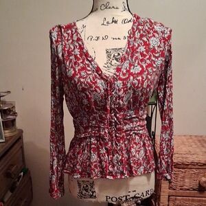 Anthropologie Feather Bone Floral Red Long Sleeve Women's Top Size US 12 Euro 44